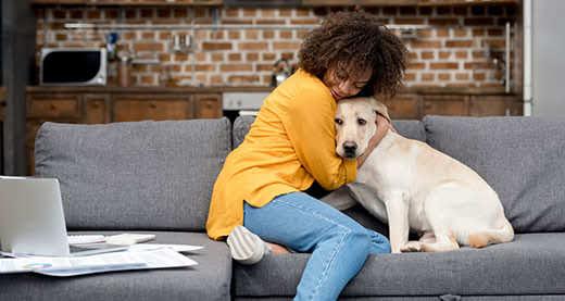 Woman in yellow sweater hugging her yellow lab while sitting on a gray couch.